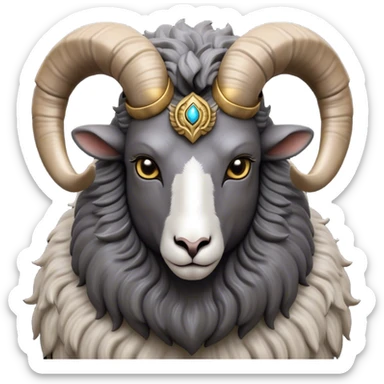 Cinematic Noble Ram Portrait Emoji, Poised and regal, with a sturdy, powerful build and a thick, woolly grey fur adorned with impressively curled horns, deep-set soulful dark eyes, Simplified yet sharp and sophisticated features, highly detailed, glowing with a soft, dignified glow, high shine, intelligent and commanding, stylized with an air of rugged majesty, focused and attentive, soft glowing outline, capturing the essence of a watchful and confident ram, so majestic it feels as though it could charge out of the screen with effortless authority! sticker