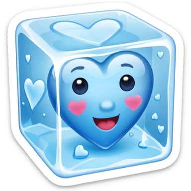 Ice cube with a flat mouthblue heart made of ice, inside an ice cube sticker