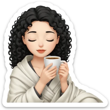 Gözleri kapalı, beyaz tenli ve kıvırcık siyah saçlı saç boyu orta omuzlarında bir kadın avatar, battaniyeye sarılmış halde beyaz bir Türk kahvesi fincanından içeceğini huzurla yudumluyor. sticker