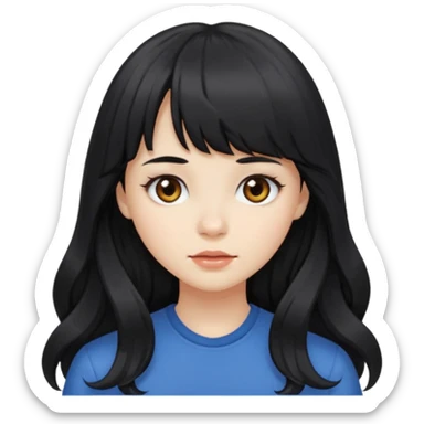 girl with long wavy black hair, straight bangs, white skin, neutral expression sticker