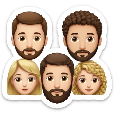 Gars cheveux bruns courts et barbe très courte, un gars avec cheveux bruns courts et barbe très courte, 1 fille cheveux bruns longs frisés, 1 fille cheveux longs blonds plats sticker