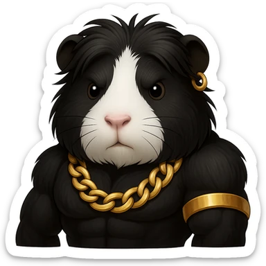 Make the guinea pig long-haired, black and white, with a strong muscular build and gold accessories, keep the style and no background. sticker