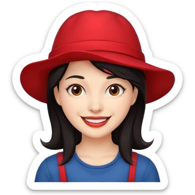 dark haired woman with red hat sticker