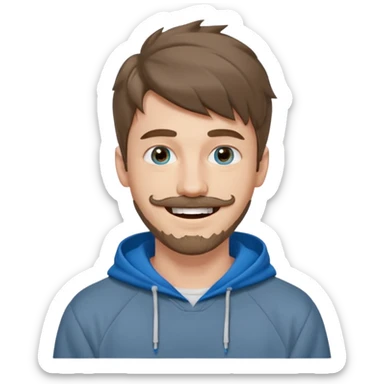 20 year old man, short scruffy beard and thin moustache, brown puffy mullet, blue eyes, big smile, white teeth, big lips, pronounced jaw, hair longer in back, sticking up on top, thin face, grey hooded sweatshirt, pale skin, big smile, blue eyes, puffy hair that is long in back, blue eyes, no bangs sticker