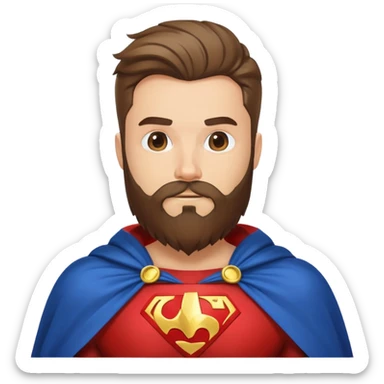 superhero with beard-themed costume, cape that looks like flowing beard hair, beard emblem on chest sticker