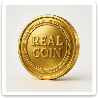 a gold coin with the words 'real coin' written in the center, realistic metallic shine, clear readable text, centered composition sticker