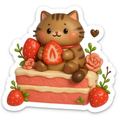 Create a 3D iOS-style illustration of a cute tabby cat sitting on a strawberry cake, holding a strawberry slice, surrounded by strawberries and flowers. Use soft lighting and a glossy effect. The style should resemble GPT Image style. No background (transparent). sticker