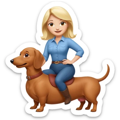 A blonde curvy woman riding on top of a dachshund sticker