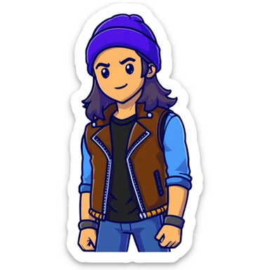 Jay from Descendants, long hair in a beanie, leather vest, athletic build sticker