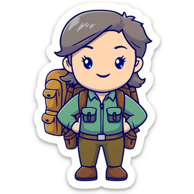 white woman park ranger with gray and brown hair, blue eyes, wearing a backpack sticker