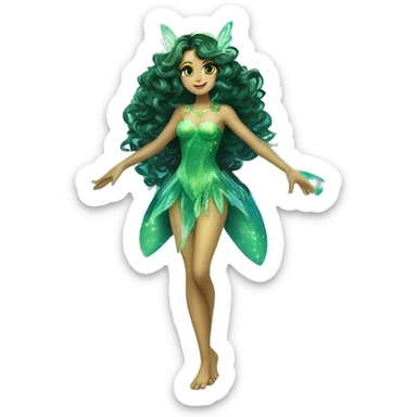 Aisha adult fairy of ocean / sea her enchantix fairy green / dark green sparkling two-piece clothing and fairy enchantix wings and long dark brown curlyhair in from winx club. Lots of sparkles and fairydust. Full body pic and full fairy bliss sticker