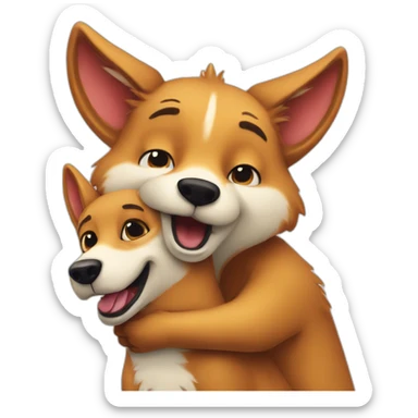 Anthropomorphic dingo giving an anthropomorphic bird a hug sticker