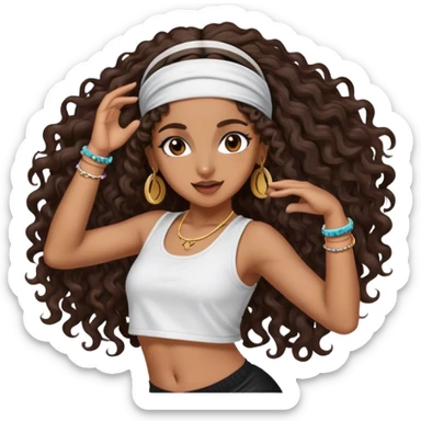 Dancing brown girl with long darn brown curly hair with headband hip hop sticker