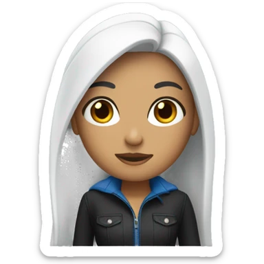 a tanned women with long straight black hair and blue skinny jeans with a long sleeve white sticker