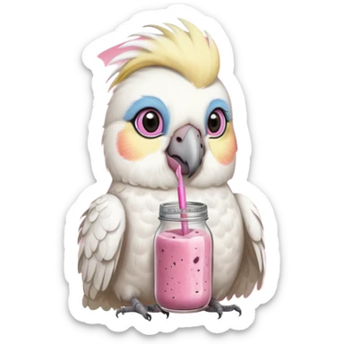 white cockatiel bird, holding mason jar with pink smoothie sticker