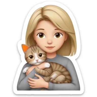 Une femme avec les cheveux dégradée, brun clair et blond, qui fait un câlin à son chat gris, tigré  sticker