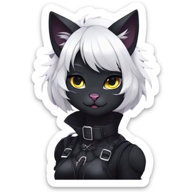 Gorgeous furry gothic dark techwear anime style anthro black cat furry sona Fakemon with blushing face aesthetic and pretty edgy black with collar and harness trending style sticker