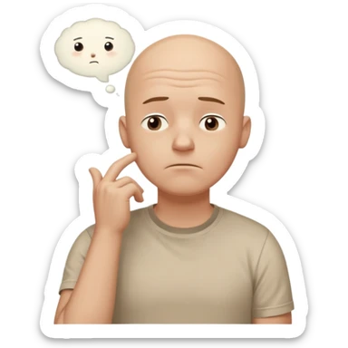 bald man with t-shirt, doubting face but not sad, hand on chin looking up, thought bubble sticker