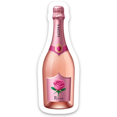 bottle of sparkling rosé with a rose logo on the label, angled to the left, no glass sticker