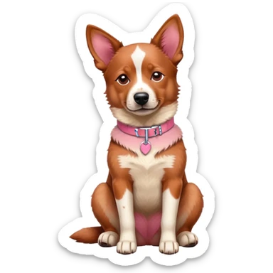 Australian red heeler dog sitting down facing forward, with a pink collar around neck sticker