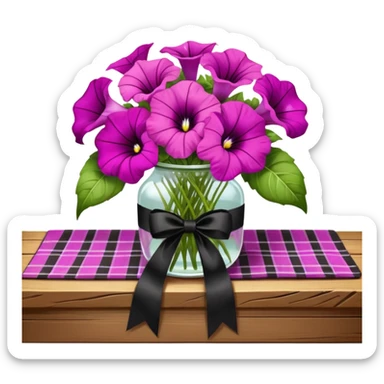 A lush bouquet of bright light margenta color petunia black satin ribbon, resting on an antique wooden table, with a pale yellow and pink plaid pattern table cloth sticker