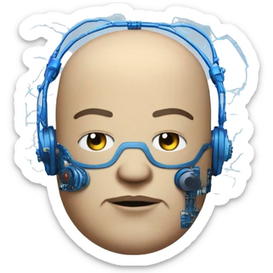 Fat bald cyborg head with tan skin, blue beard, blue goggles and circuits sticker