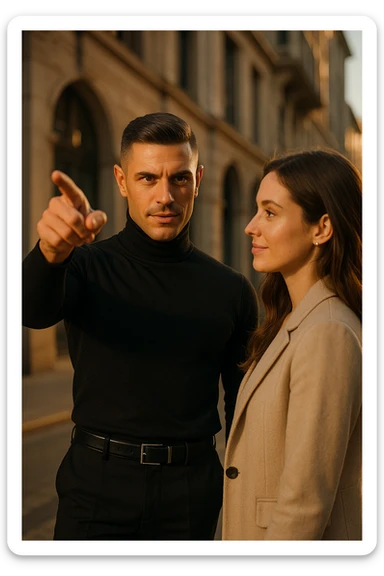 A confident man standing in front of a woman, gently pointing forward with a clear direction, showing leadership and confidence, the man is dressed sharply like a commander, the woman looks at him with trust, warm sunlight, cinematic lighting, high-resolution, realistic details, elegant urban background, depth of field, 50mm lens look. sticker