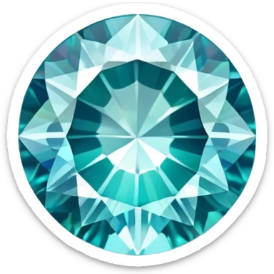 round cut aquamarine gemstone, classic faceted style, holographic rainbow shine inside sticker