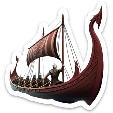 detailed-cinematic-viking-longboat, rendered in a flat, bold vector style with minimal shading, featuring a striking dragon-headed prow slicing through waters. shields on the side and vikings rowing The longboat’s, the boat has carved motifs evoke a sense of epic adventure and Nordic might, with billowing sails catching a dramatic, stormy sky backdrop. sticker