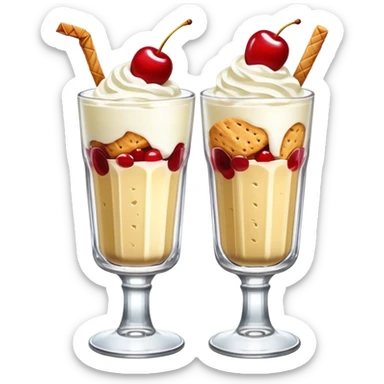 A tall glass parfait with vanilla ice cream, whipped cream, red cherry on top, and biscuit sticks, served in a retro kissaten glass. sticker