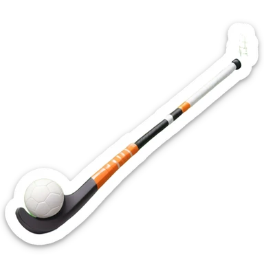 A field hockey stick and ball positioned on a vibrant green grass field, with the goalposts and clear field markings in the background. The scene highlights the lush, well-maintained turf, emphasizing the speed and precision of the sport in an energizing outdoor setting. sticker