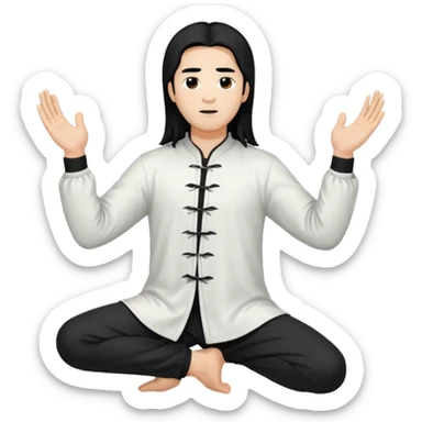 homme au cheveux long qui pratique le qi gong, habits noirs ou blancs, en position debout sticker
