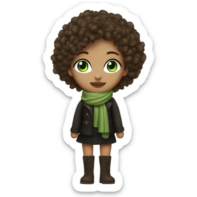 A girl with curly brown head and white skin. Green eyes long lashes wearing high knee boots , mini skirt with black tights  a leather jacket and a beige scarf with matcha green note on her hand  sticker