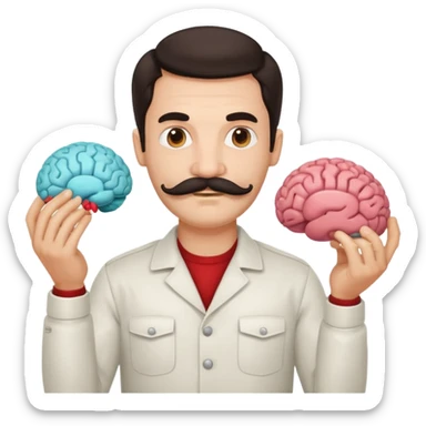 mustachioed man with dark hair holding a brain as an emoji different mustache  sticker
