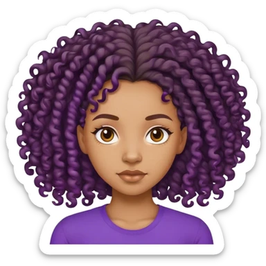 A lightskin black girl with  long 4a curls and purple shirt sticker
