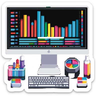 iMac computer with colorful bar charts and beauty products inside the screen sticker