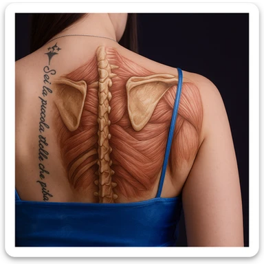 Add anatomically detailed and well-visible scapulae on the woman's back in a realistic anatomical style, with slight highlighting of the surrounding muscles. The image should emphasize anatomical accuracy and muscle structure around the scapulae. sticker