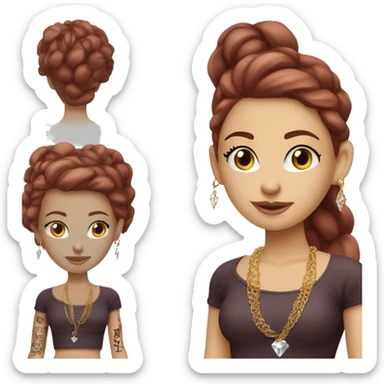 Caucasian European girl with light complexion and features . long burgundy hair, long eyelashes and has tattoos. She is wearing a crop top shirt and gold chain necklace and diamond earrings  sticker