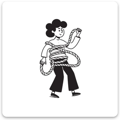 A person humorously tied up and tangled in rope with a silly expression, drawn in a lighthearted way sticker