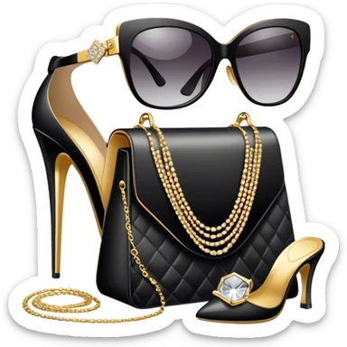A photorealistic icon featuring luxurious fashion accessories like a high-end handbag, elegant high heels, a sparkling diamond necklace and a stylish pair of sunglasses. The design includes gold accents, soft lighting, and glamorous textures, fashion, and VIP luxury. Transparent background sticker