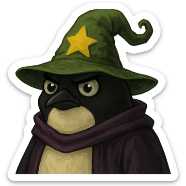 A penguin wizard with a different, unique wizard hat in the style of bufo (green bufo frog meme). sticker