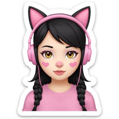 “Emoji girl, pastel pink streaks in black hair hair, bold winged eyeliner, heavy blush on cheeks and nose bridge, under-eye hearts, glossy pink lips, playful smirk and gaming headphones and cat ears.” sticker