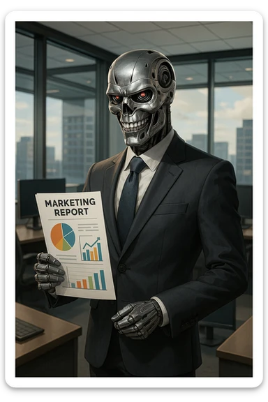 A Terminator robot in a business suit, confidently holding a marketing report, with a sly smile, in a modern office setting, as a mascot for a marketing manager sticker