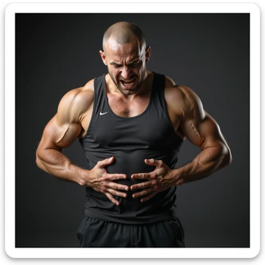 realistic 4K man in sportswear squeezing his belly with both hands, angry expression sticker