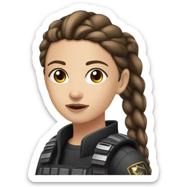 A young woman with a petite and slender build, pale, hazel eyes, and long brown hair that has a silver strand, pulled back into a braid. She’s wearing black tactical battle gear. sticker