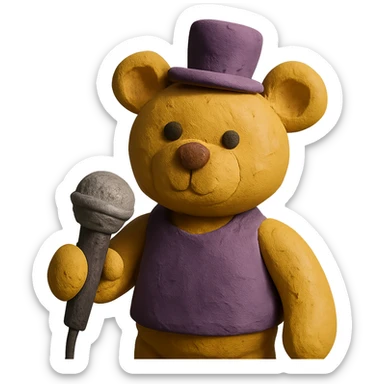yellow bear plushy with a purple top hat and a mic sticker