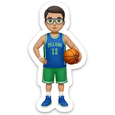 Full Body plus size white male with dark short hair basketball player wearing glasses wearing blue green uniform sticker