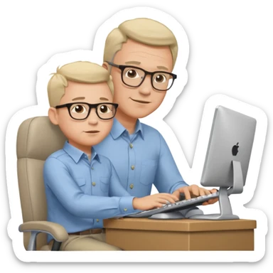 Middle aged man with glasses working at his desk, with his child sitting behind him on the headrest of his chair looking at his computer sticker