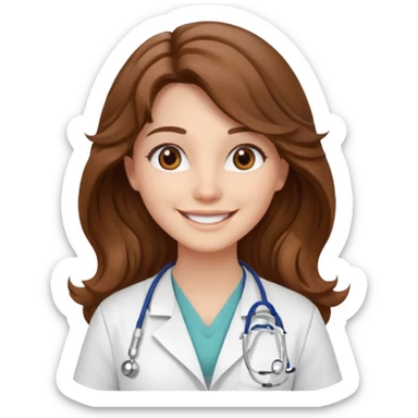 young woman, brown long wavy hair, medical white clothes, friendly, front view, smiling sticker