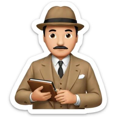 A cinematic-style frame showing Hercule Poirot in his iconic suit with a notebook in a dramatic detective pose. Background should be mysterious city, map, a board with photos of suspects, clues like fingerprints. Transparent background. sticker